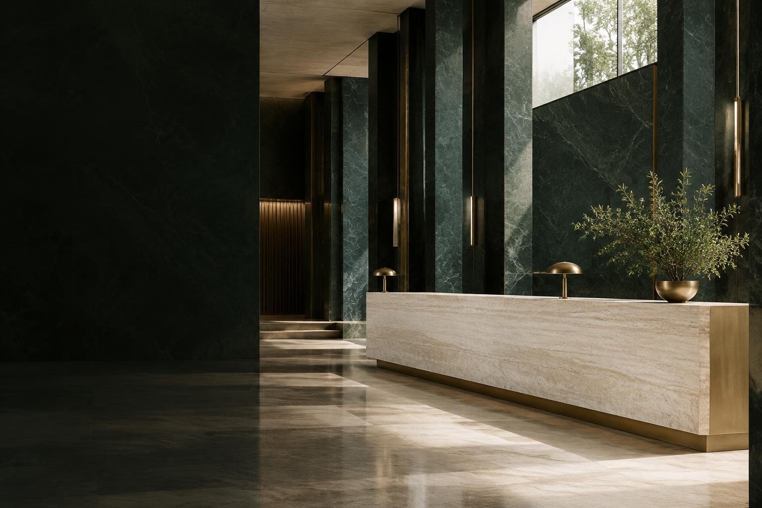 Architectural interior with dark green stone and natural light